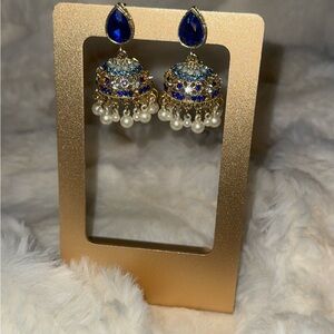 Elegant Blue and Gold Drop Earrings, Pakistani Indian Jhumka earrings